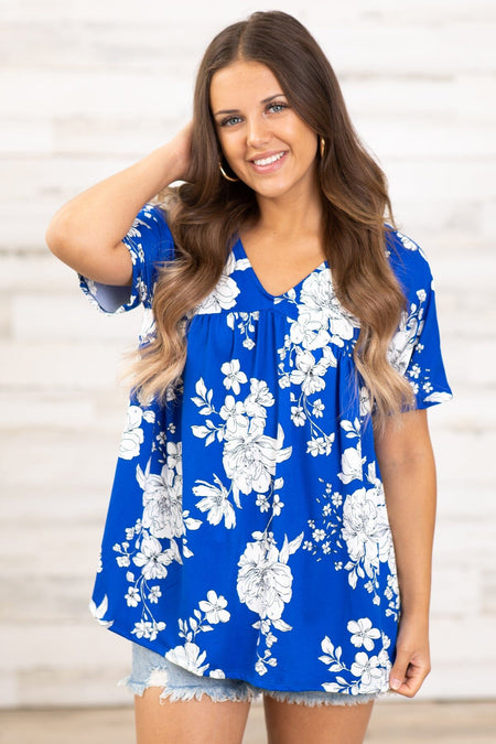 Royal and White Floral Print V-Neck Top - Filly Flair