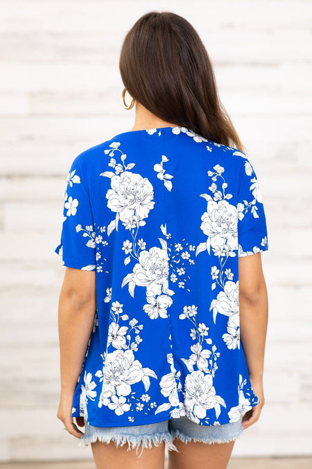 Royal and White Floral Print V-Neck Top - Filly Flair