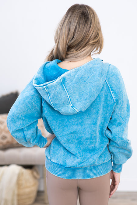 Sky Blue Washed Fleece 1/4 Zip Hoodie