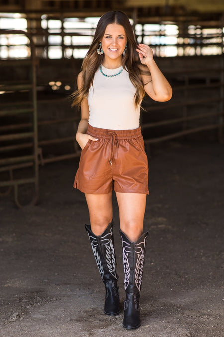 Chestnut Faux Leather Elastic Waist Shorts - Filly Flair