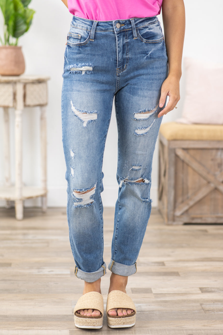 Judy Blue Cuffed Boyfriend Jean With Distress