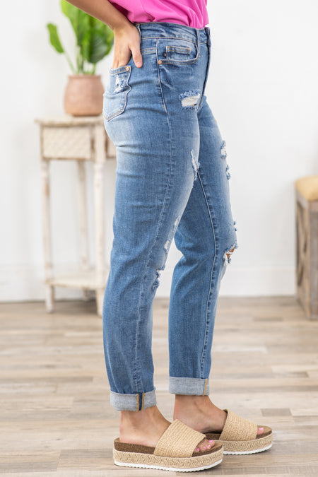 Judy Blue Cuffed Boyfriend Jean With Distress