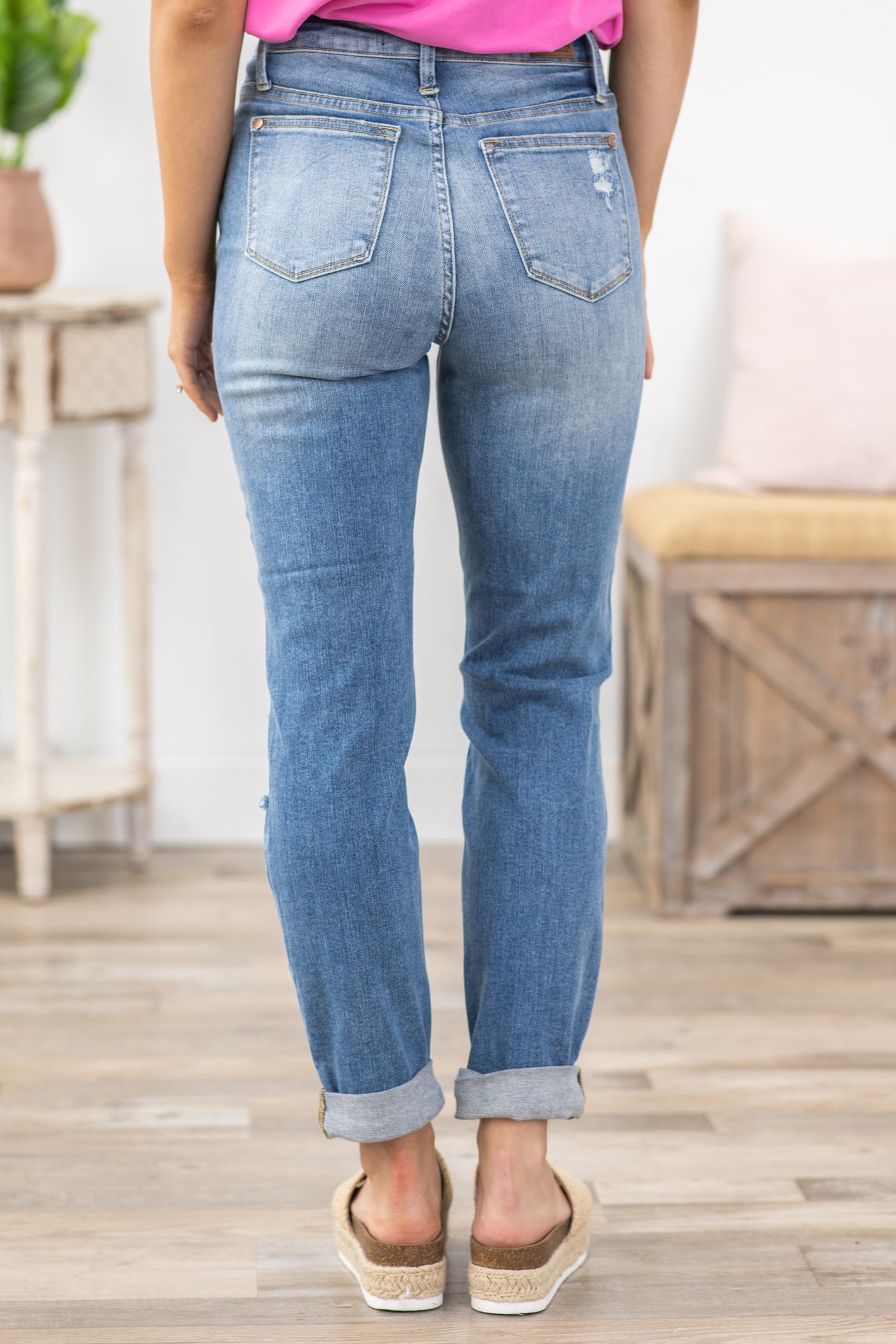 Judy Blue Cuffed Boyfriend Jean With Distress