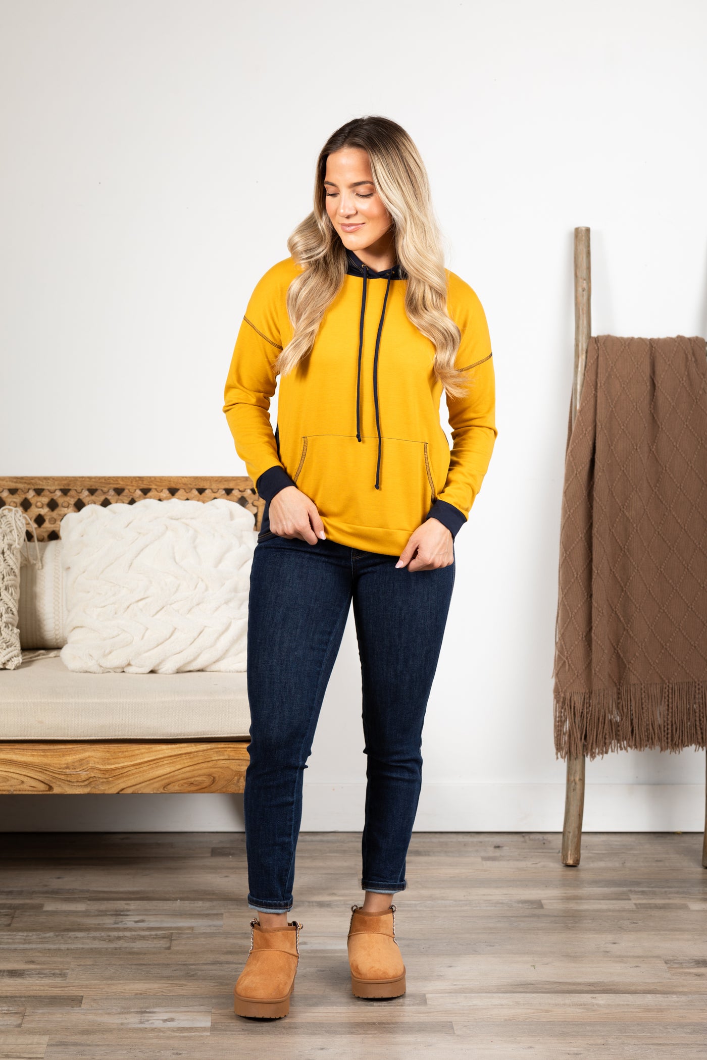 Mustard And Navy Knit Hoodie Top