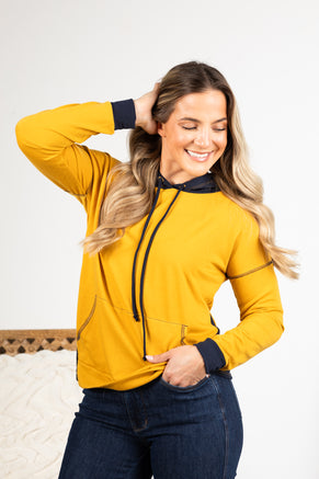 Mustard And Navy Knit Hoodie Top