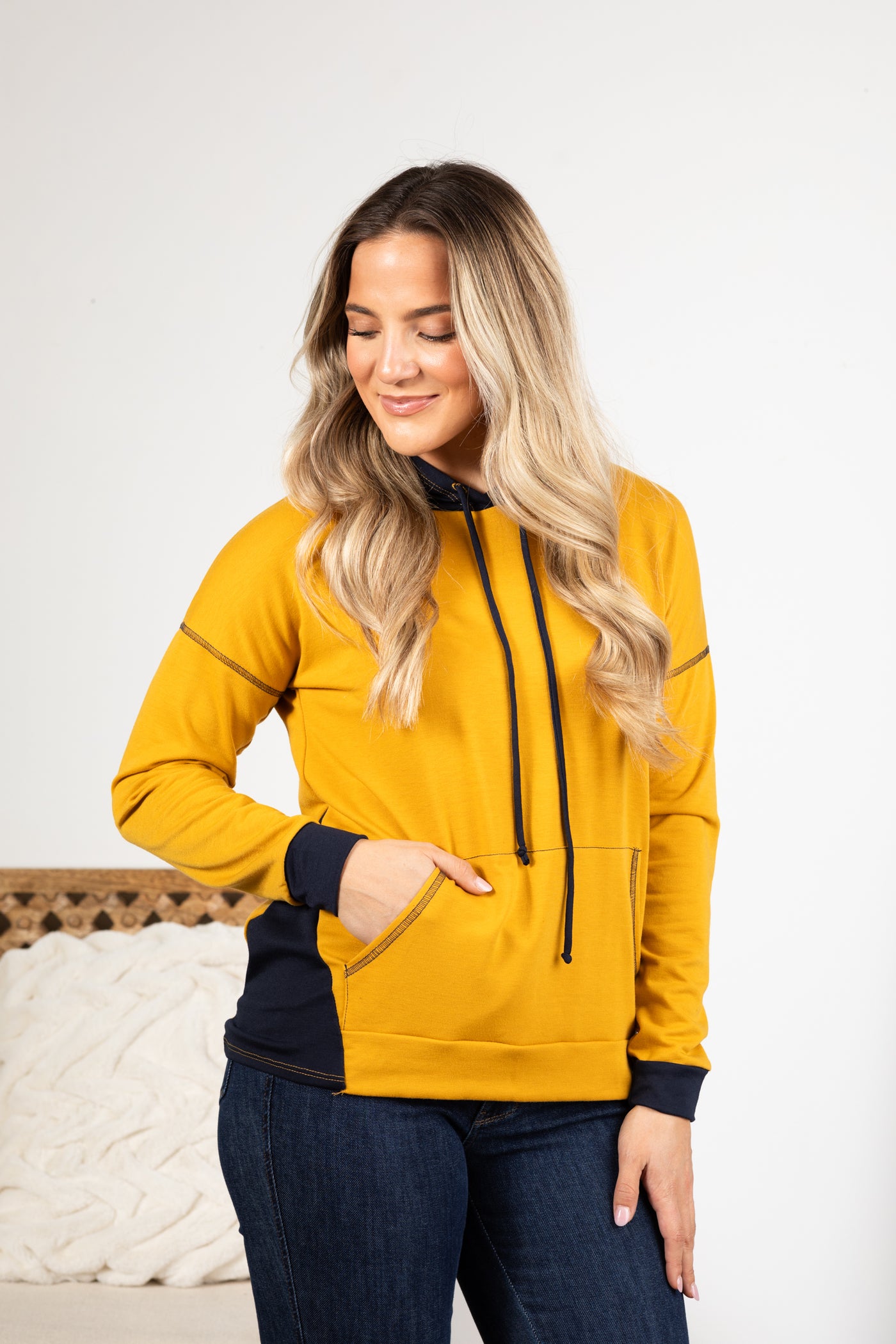 Mustard And Navy Knit Hoodie Top