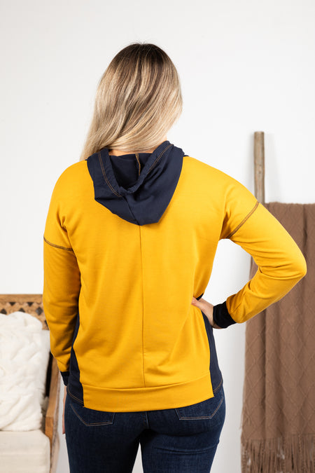 Mustard And Navy Knit Hoodie Top