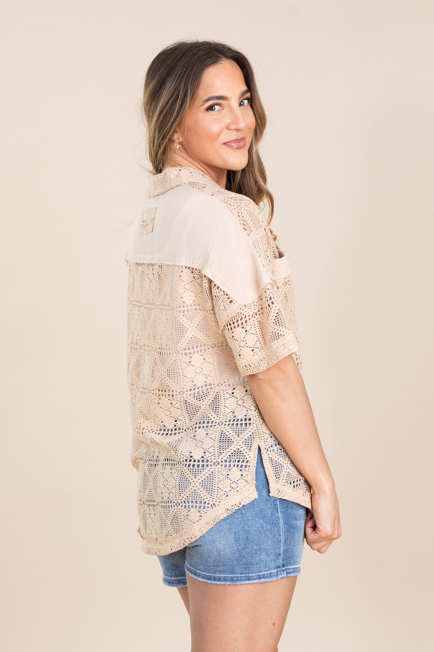 Khaki Crochet Button Down Top