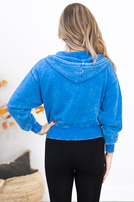 Bright Blue Washed Fleece Full Zip Hoodie