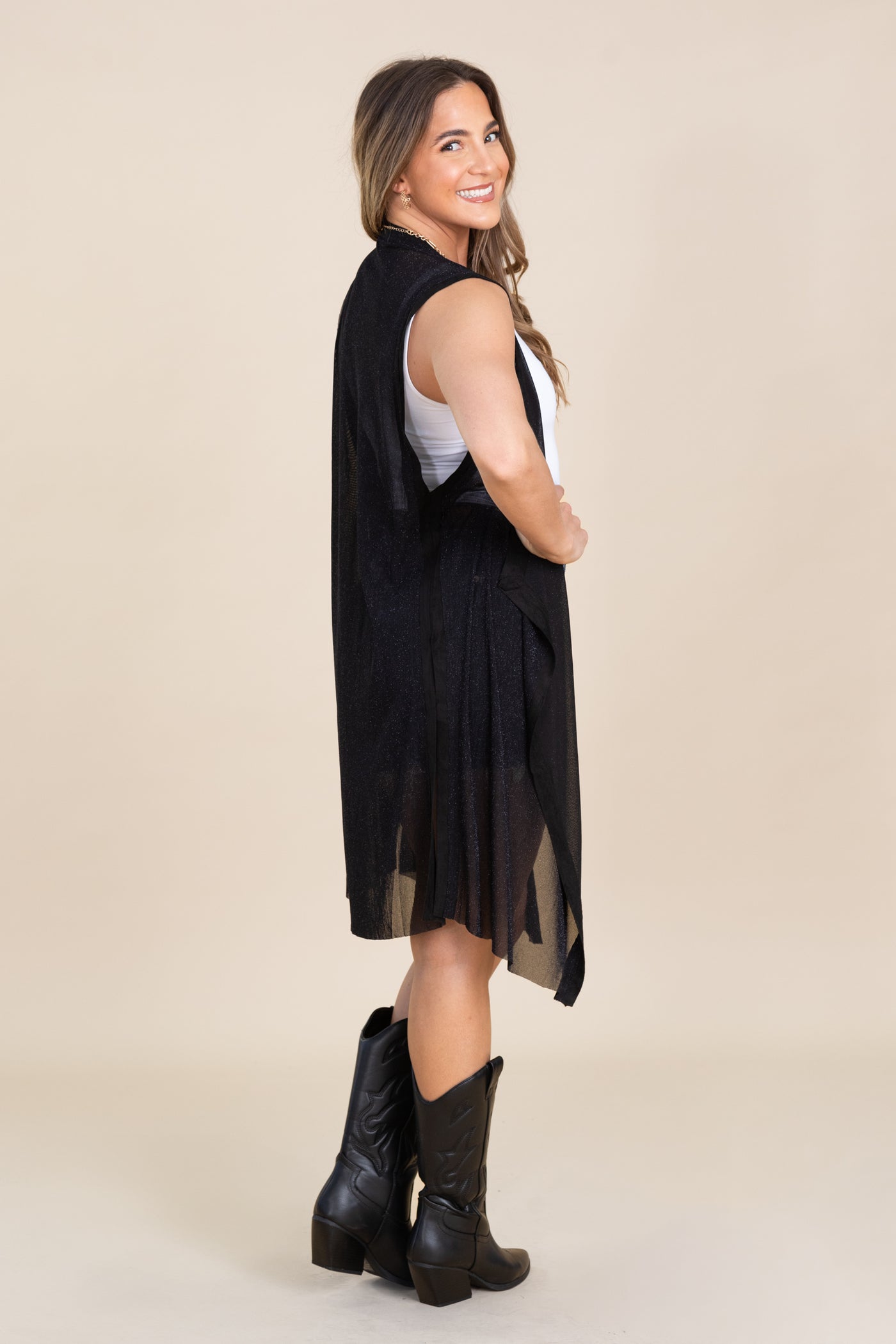 Black Solid Open Front Knit Sheer Vest