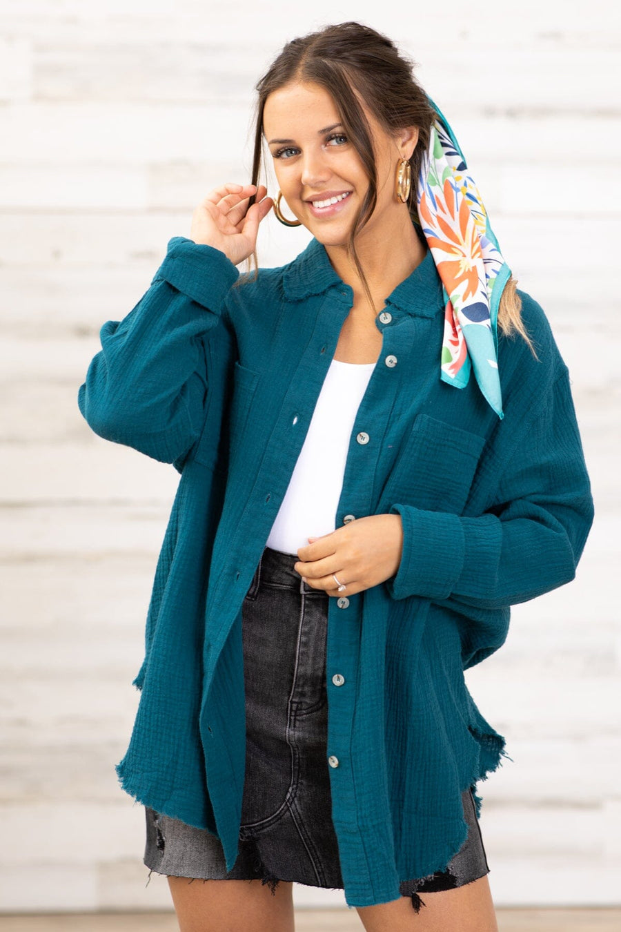 Teal Textured Button Up Top With Pocket - Filly Flair