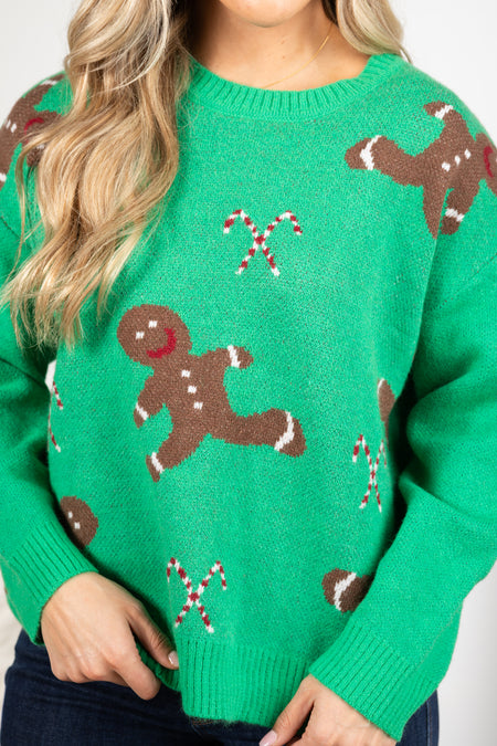 Green Gingerbread Christmas Sweater Top