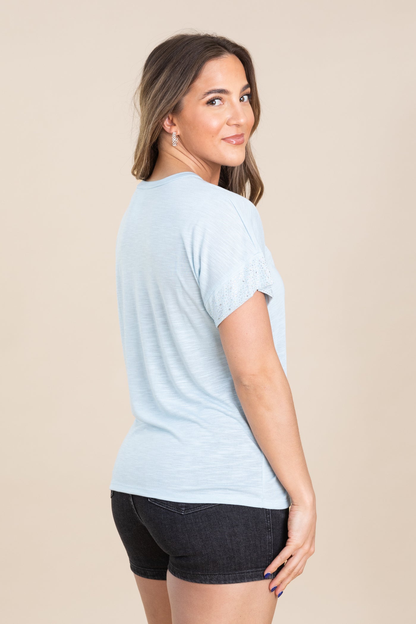 Baby Blue Sleeve Band Stoned Knit Top