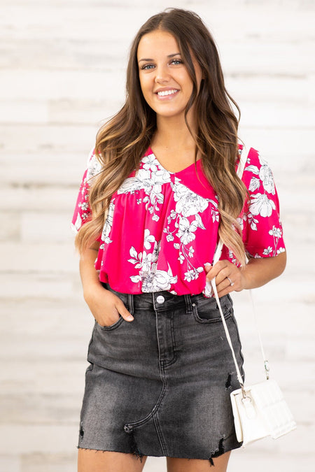 Hot Pink and White Floral Print V-Neck Top - Filly Flair