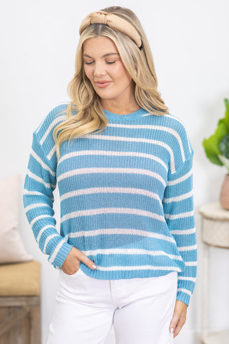 Baby Blue And White Stripe Light Sweater Top