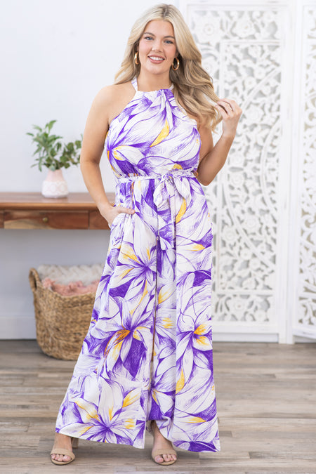 Purple Floral Print Halter Neck Jumpsuit