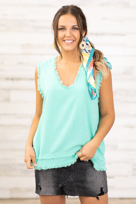 Mint Linen Blend Fray Hem V-Neck Tank - Filly Flair