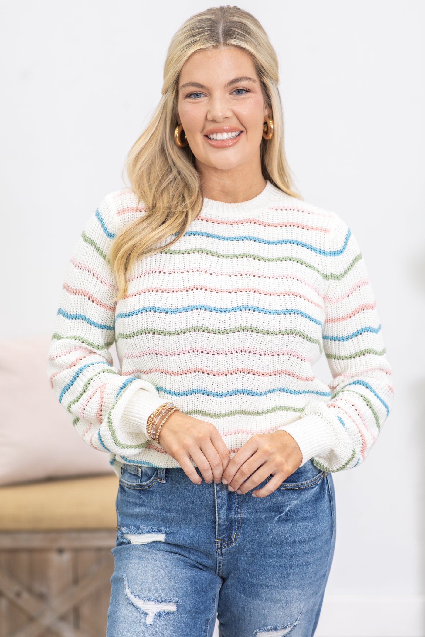 Ivory Multicolor Wavy Stripe Sweater Top