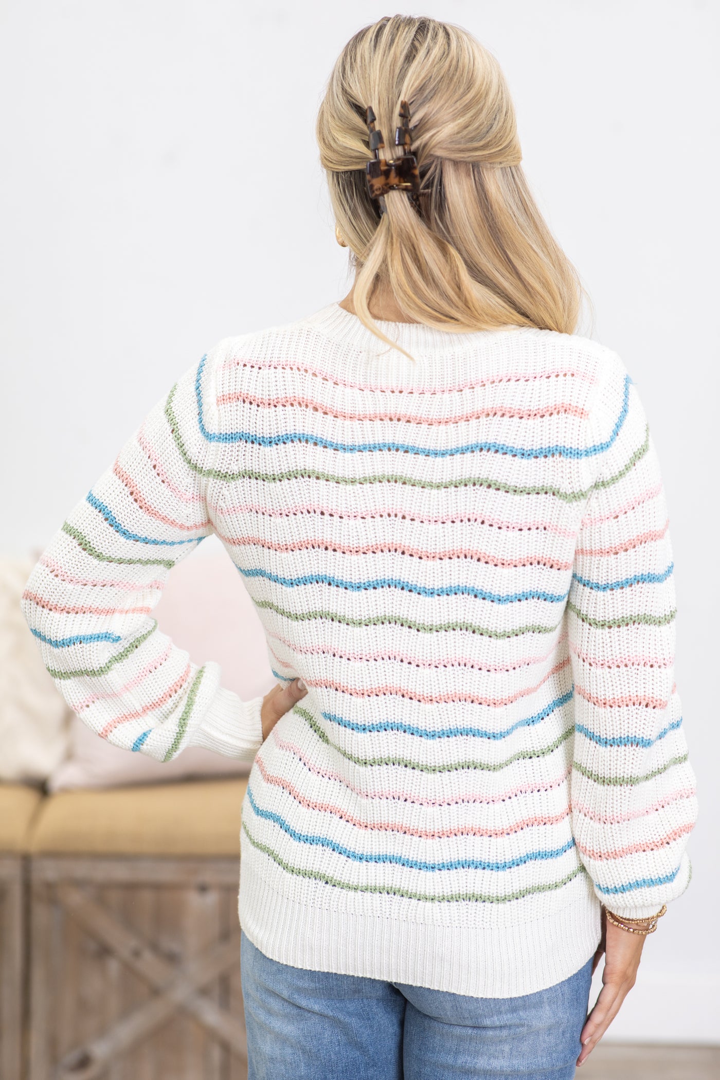 Ivory Multicolor Wavy Stripe Sweater Top