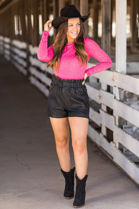 Hot Pink Long Sleeve Bodysuit With Rhinestones - Filly Flair