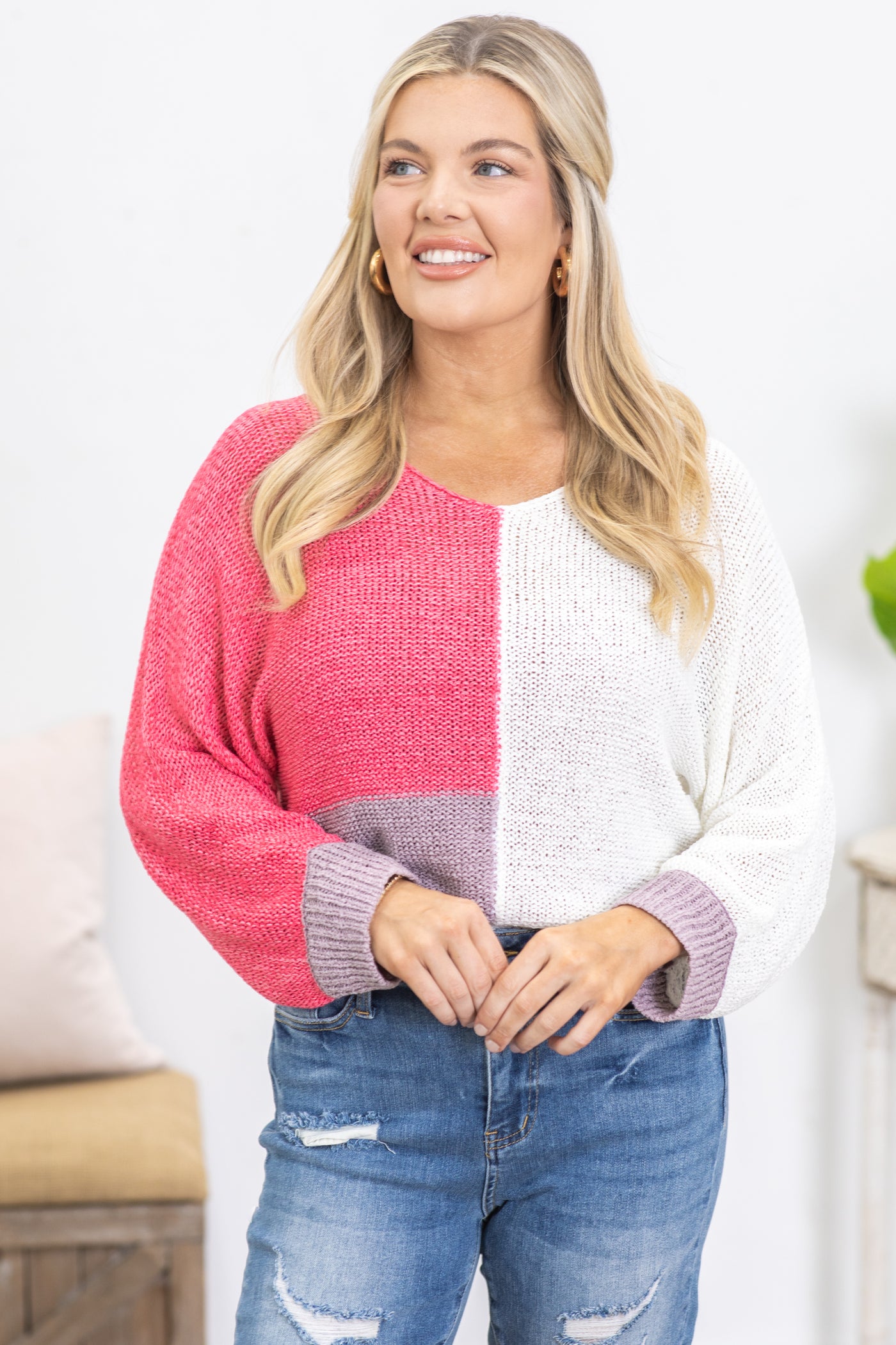 Raspberry Colorblock V-Neck Loose Knit Sweater