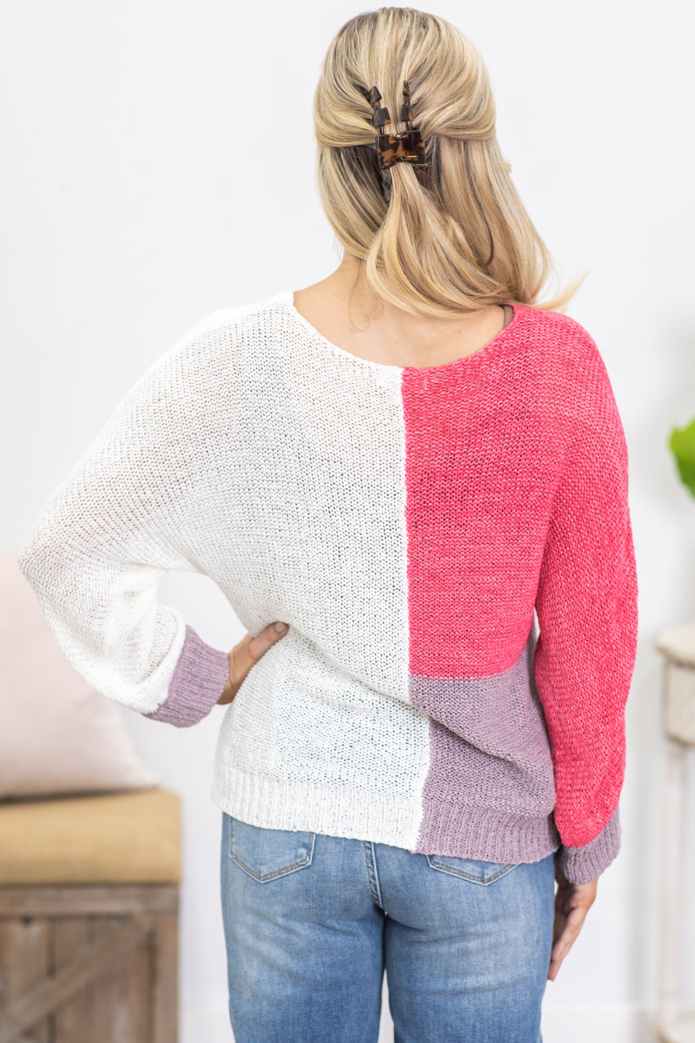 Raspberry Colorblock V-Neck Loose Knit Sweater