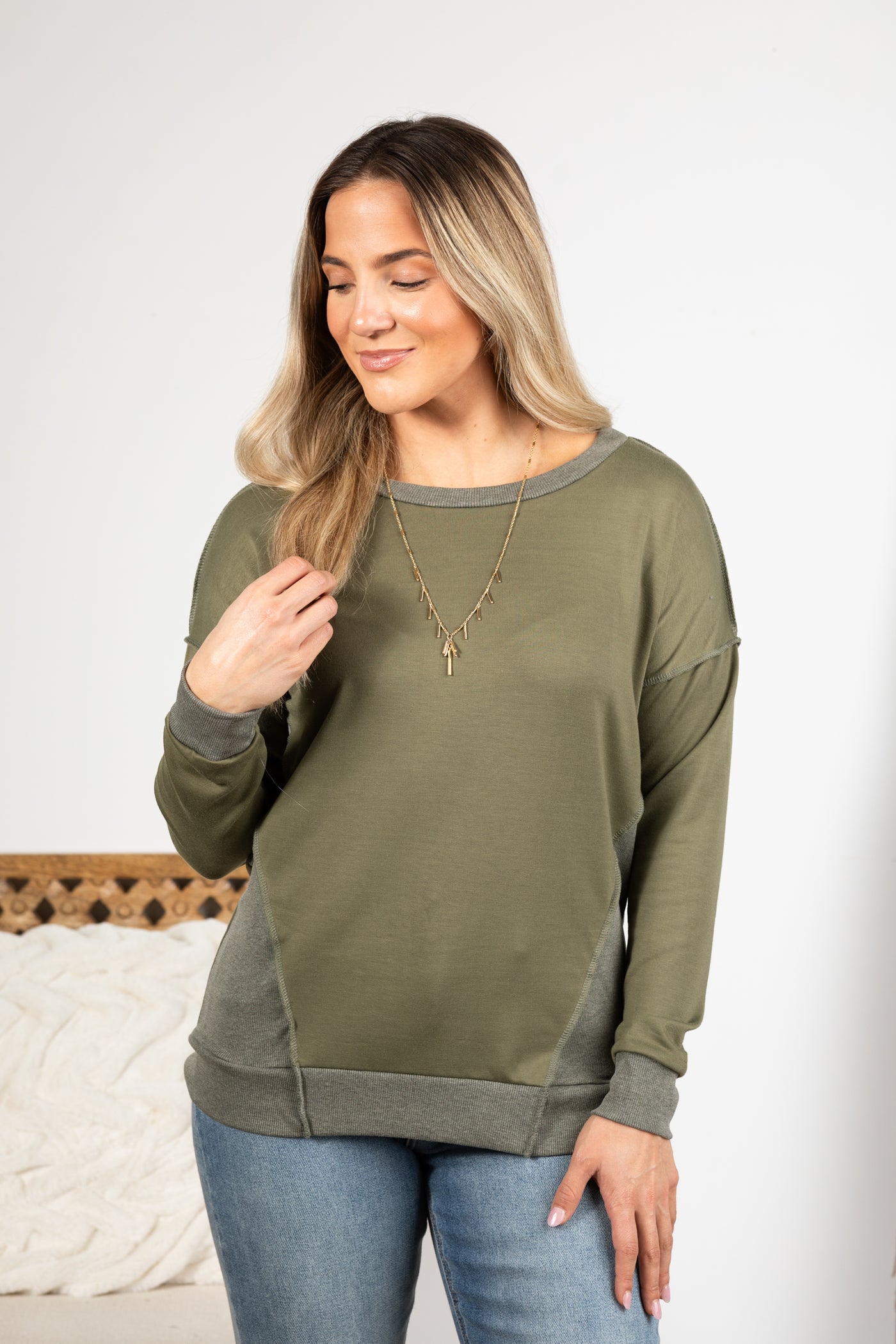 Olive Long Sleeve With Exposed Seam Knit Top