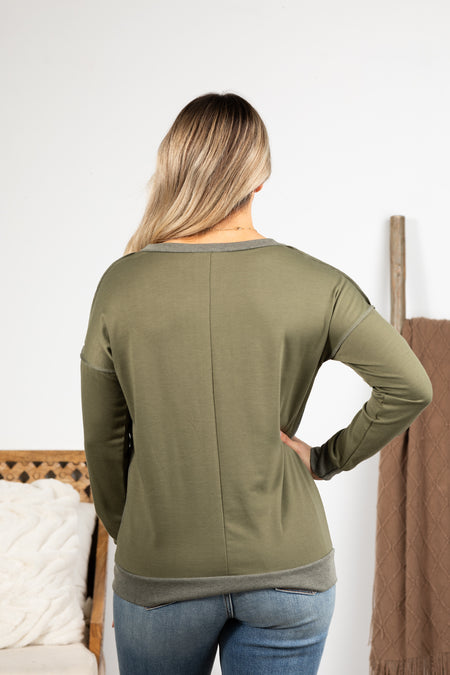 Olive Long Sleeve With Exposed Seam Knit Top