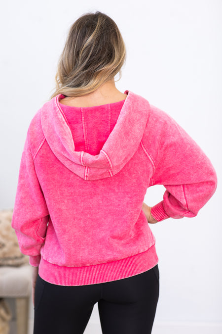 Hot Pink Washed Fleece 1/4 Zip Hoodie