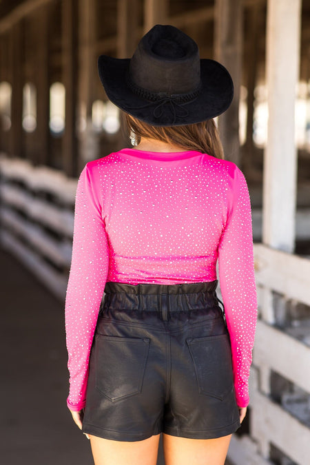 Hot Pink Long Sleeve Bodysuit With Rhinestones - Filly Flair