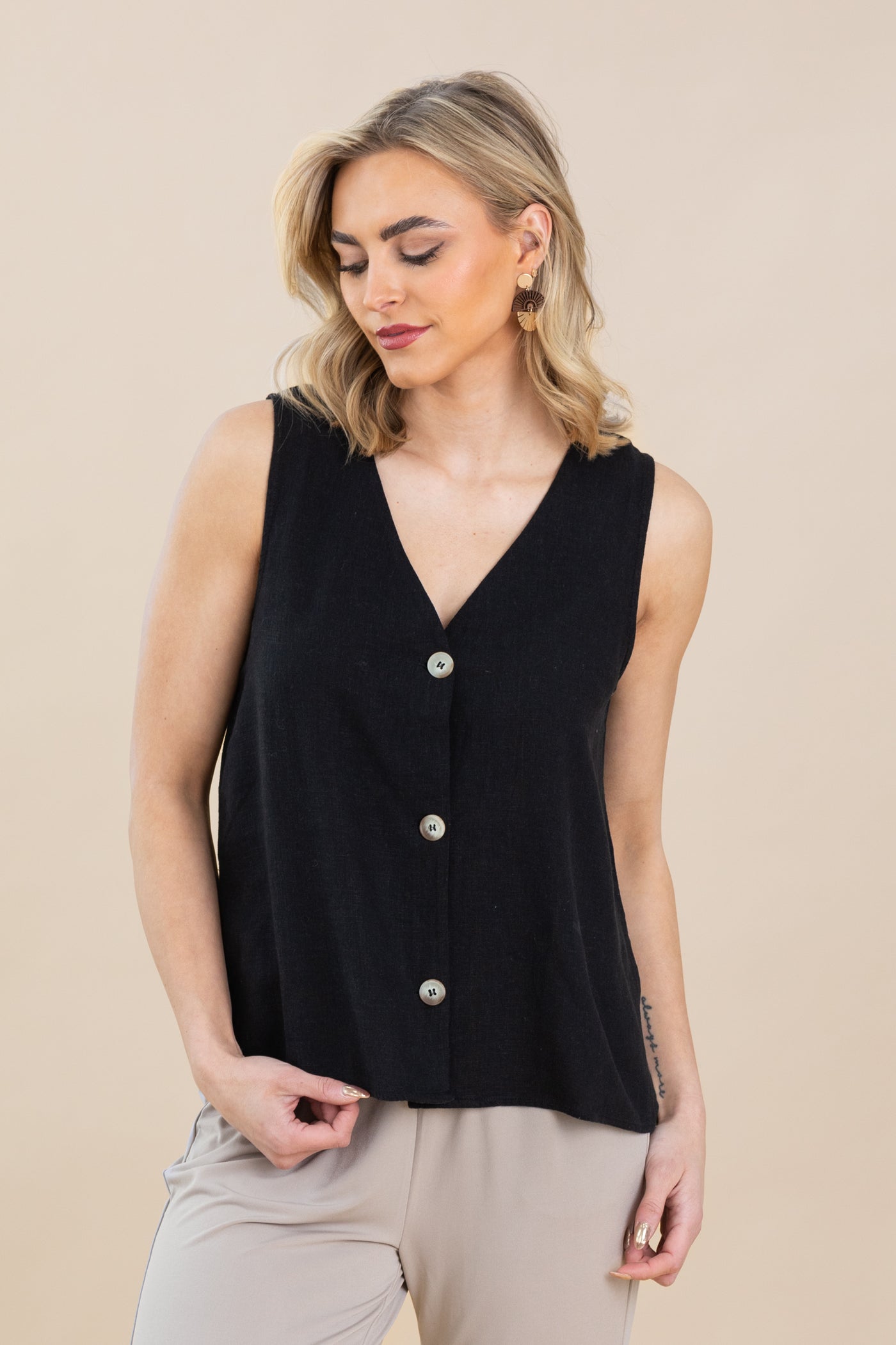 Linen Button Vest Top