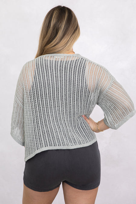 Grey Fishnet Knit Short Sleeve Cardigan