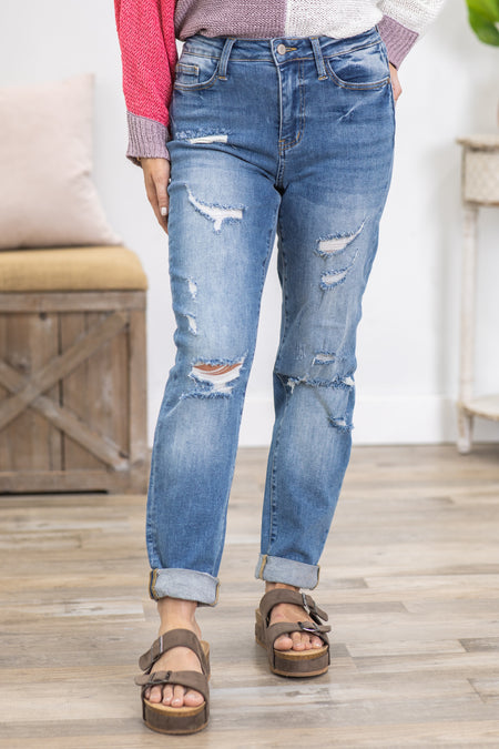 Judy Blue Cuffed Boyfriend Jean With Distress