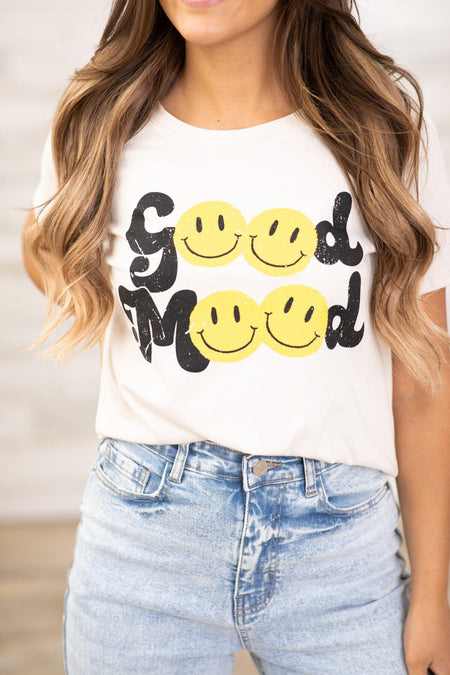 Beige Good Mood Smiley Graphic Tee - Filly Flair