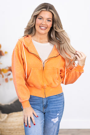 Light Orange Washed Fleece Full Zip Hoodie