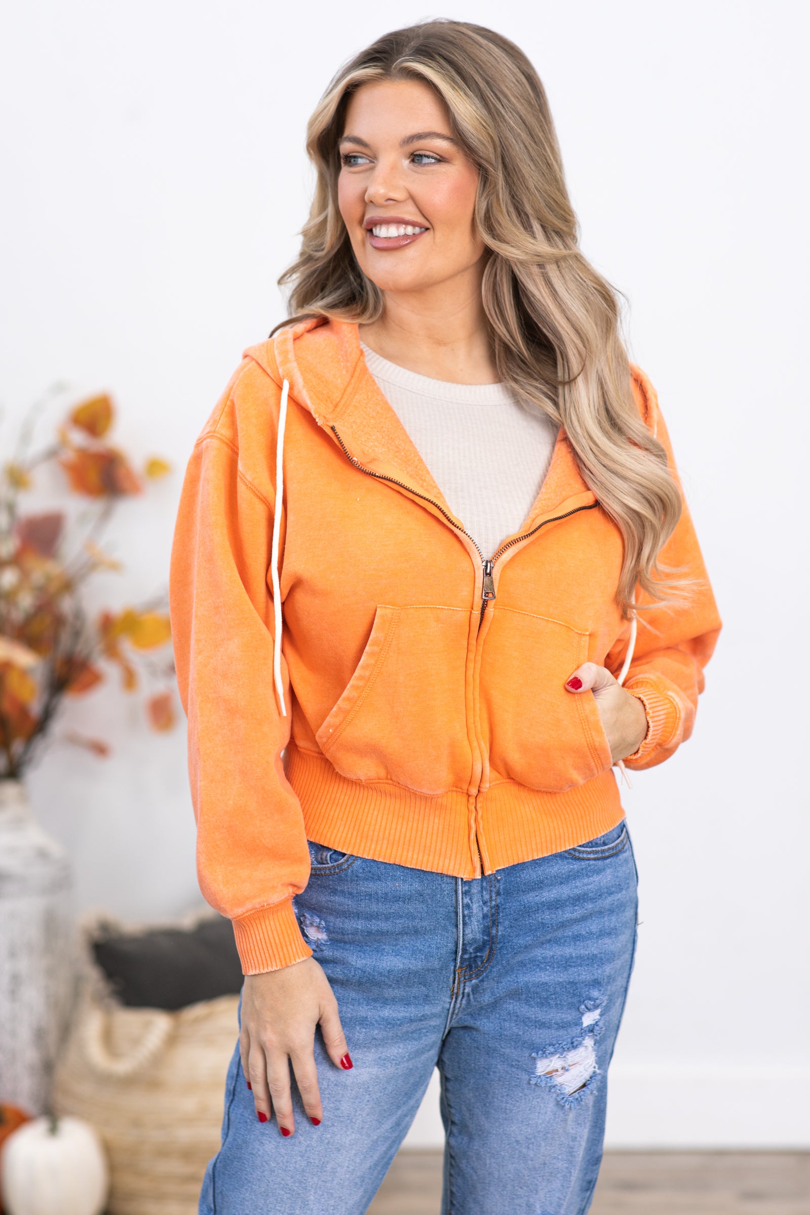 Light Orange Washed Fleece Full Zip Hoodie