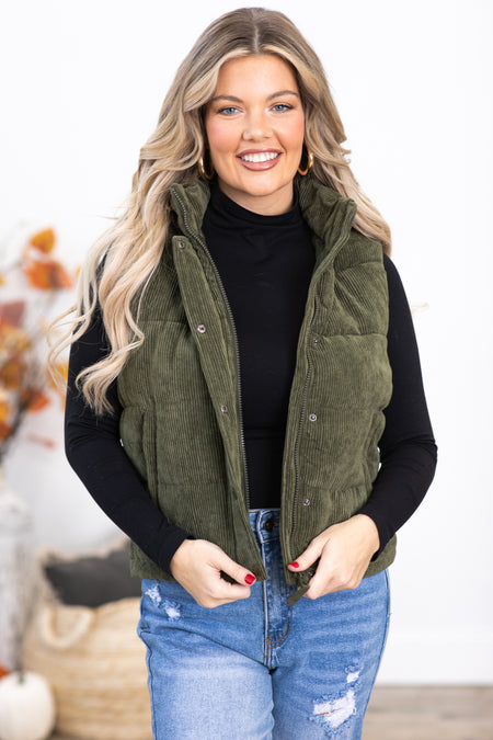 Olive Corduroy Hooded Vest