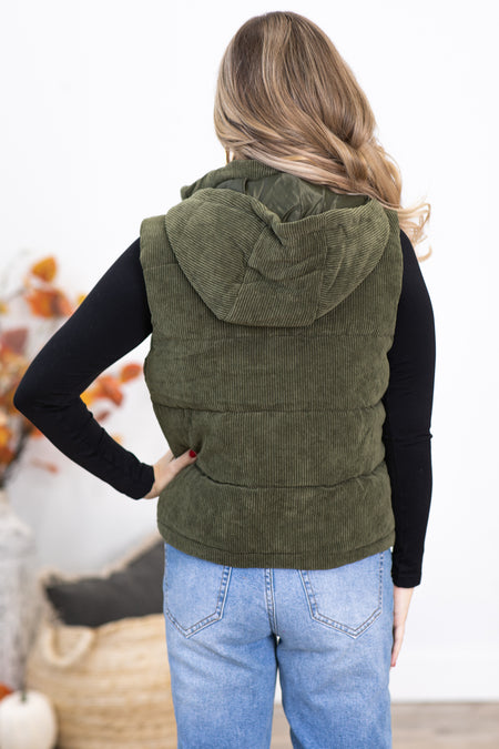 Olive Corduroy Hooded Vest