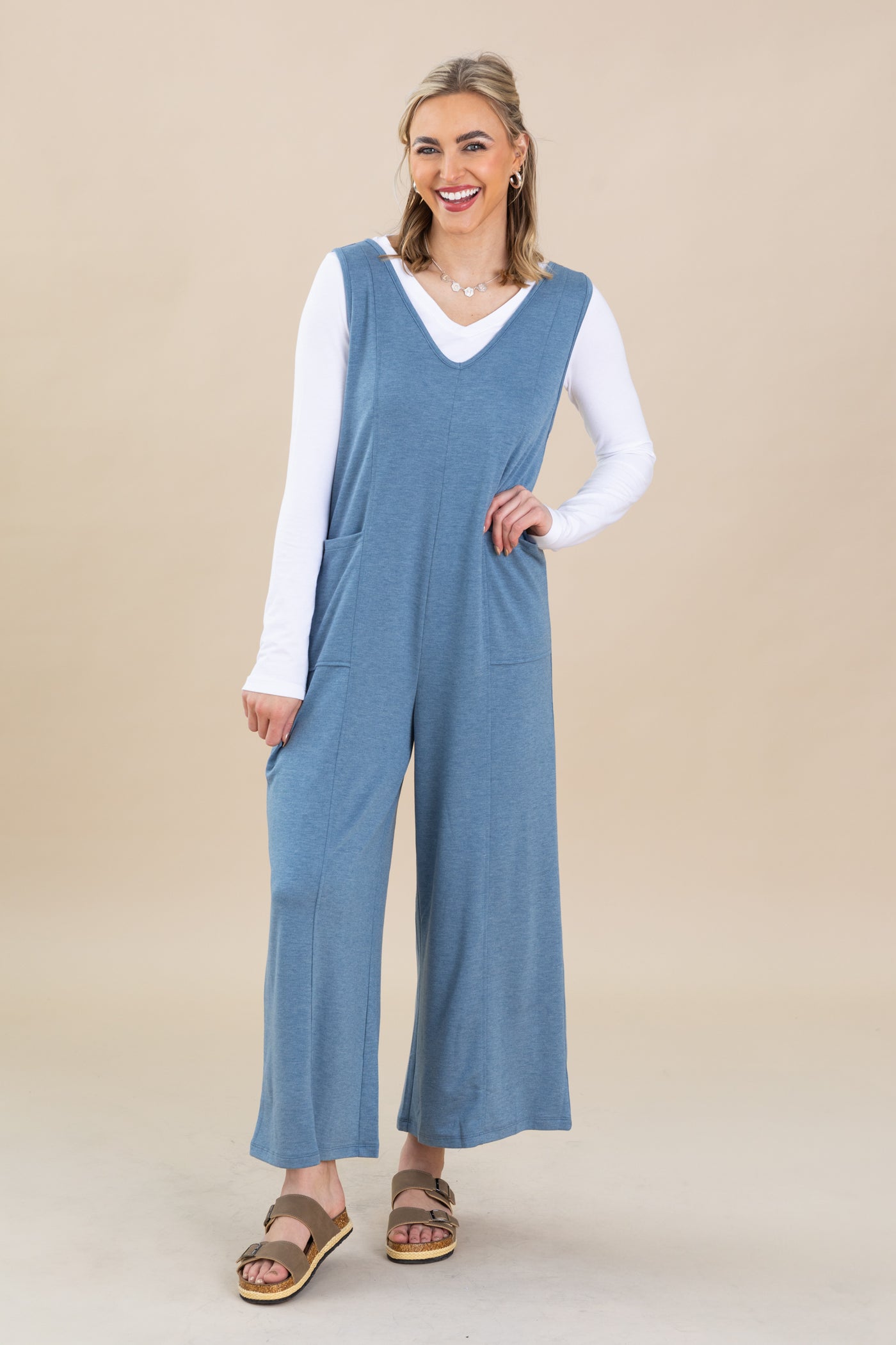 Dusty Blue French Terry Deep V-Neck Jumpsuit