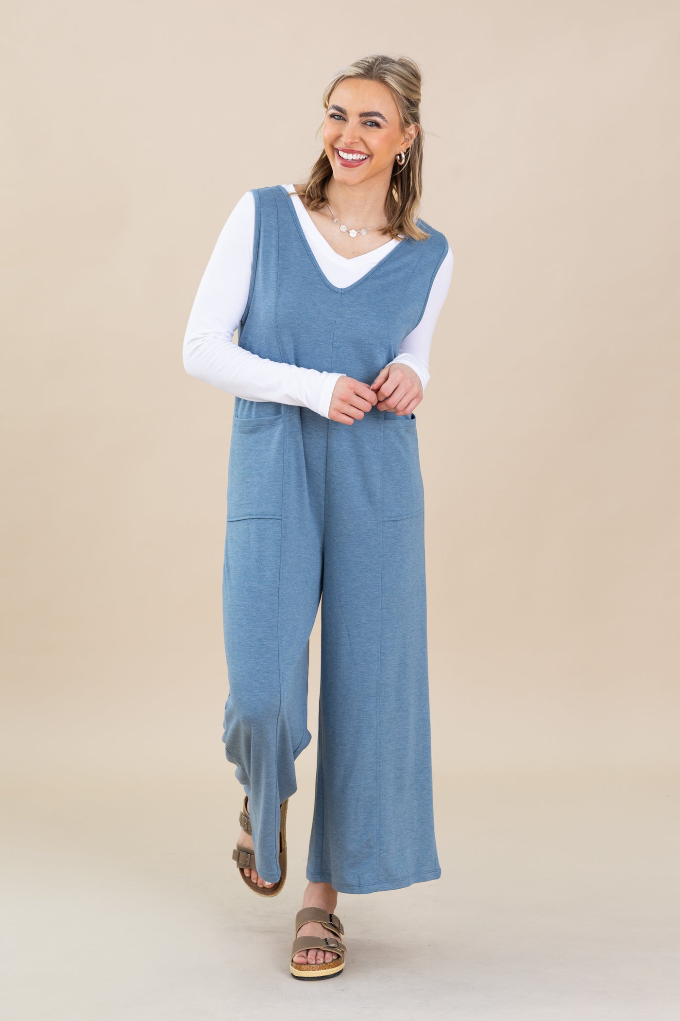 Dusty Blue French Terry Deep V-Neck Jumpsuit