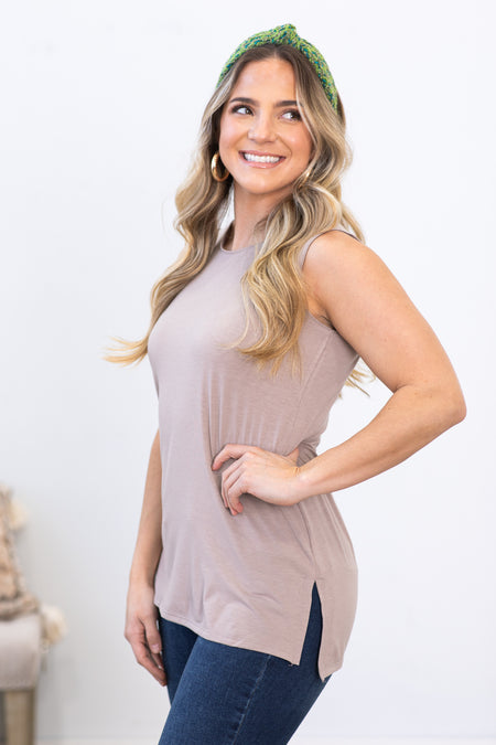 Mocha Sleeveless With Side Slits Knit Top