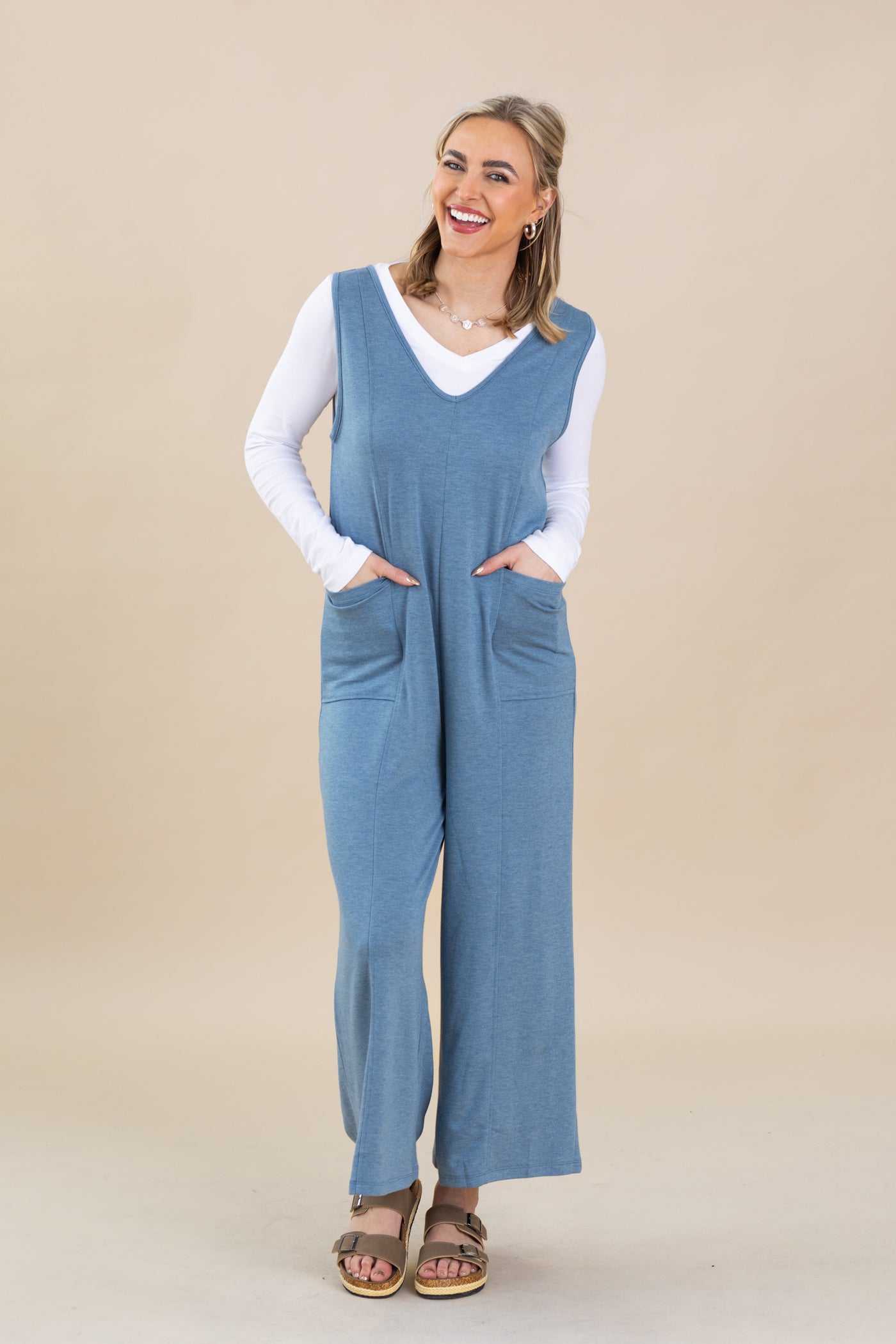 Dusty Blue French Terry Deep V-Neck Jumpsuit