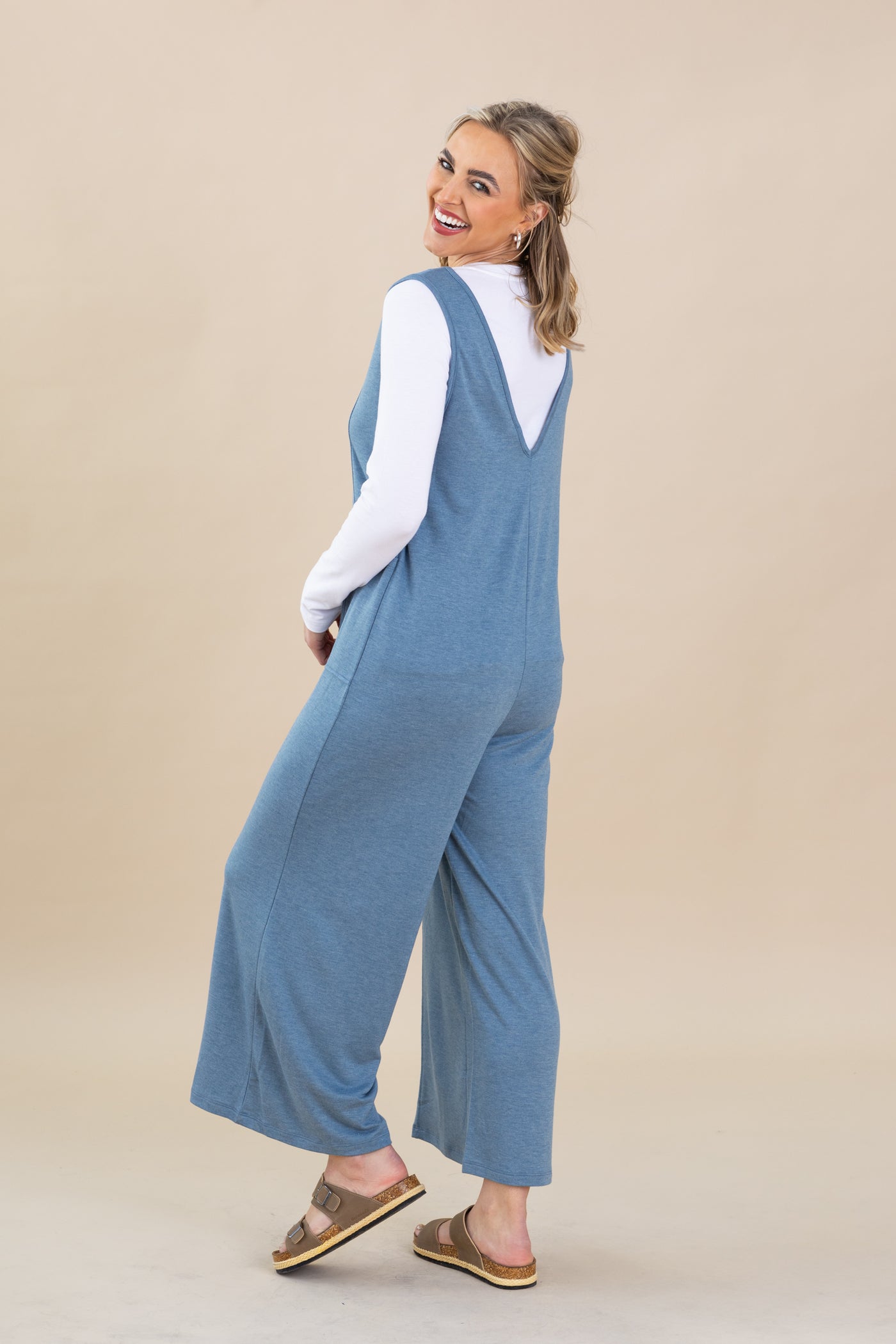 Dusty Blue French Terry Deep V-Neck Jumpsuit