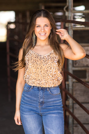 Tan Sequin V-Neck Tank - Filly Flair