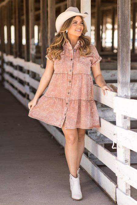 Terra Cotta Washed Denim Short Sleeve Dress - Filly Flair