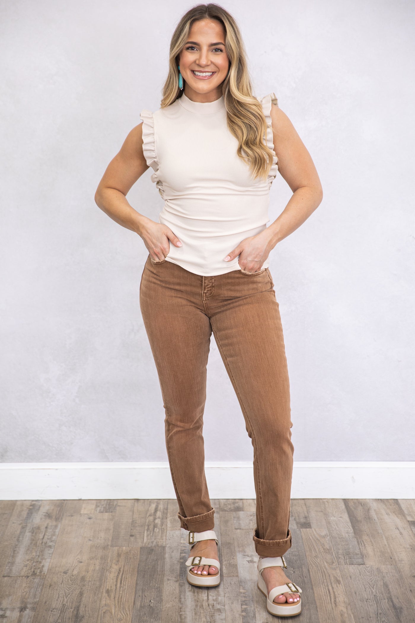 Beige Mock Neck Faux Leather Ruffle Tank