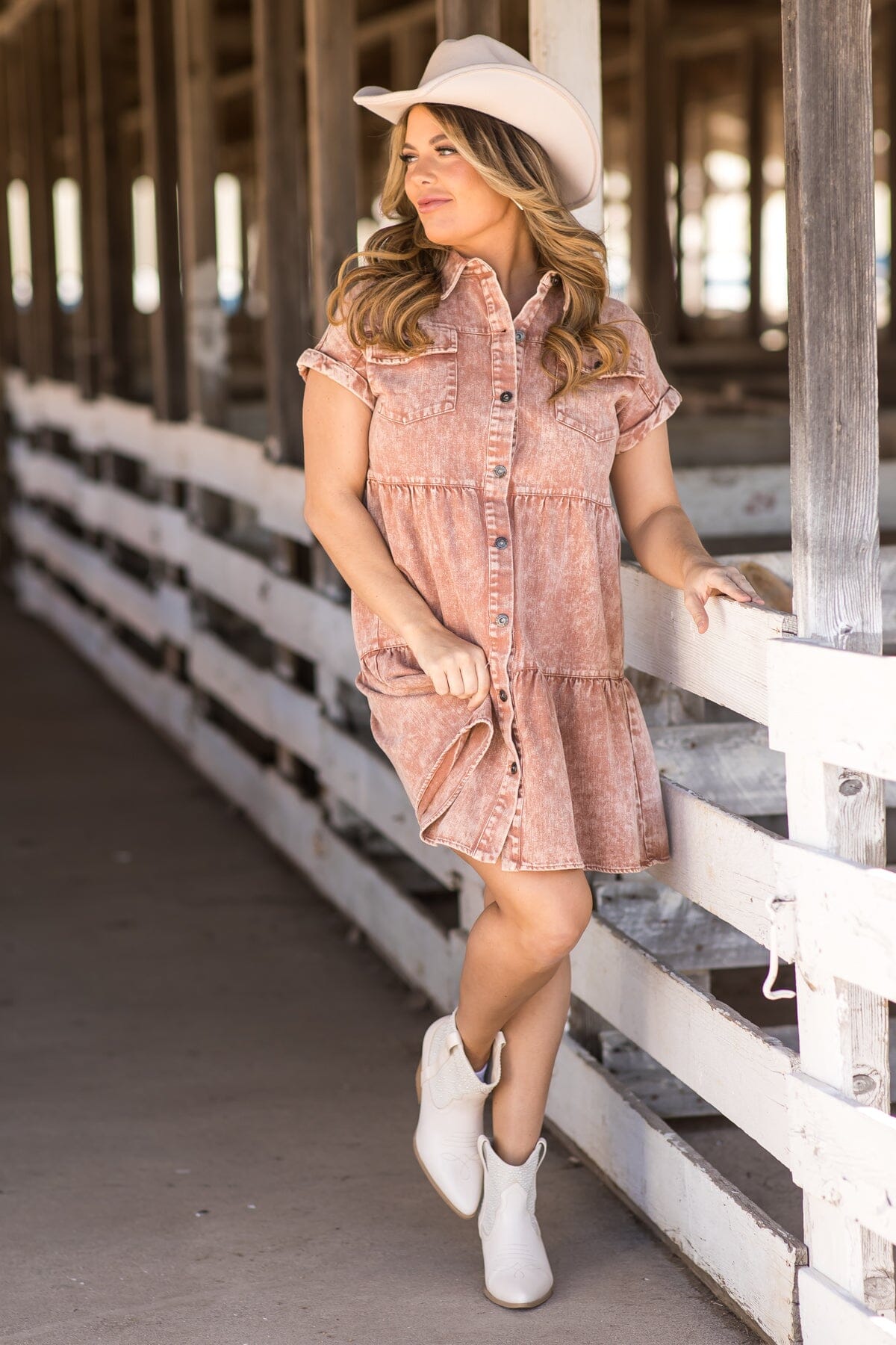 Terra Cotta Washed Denim Short Sleeve Dress - Filly Flair