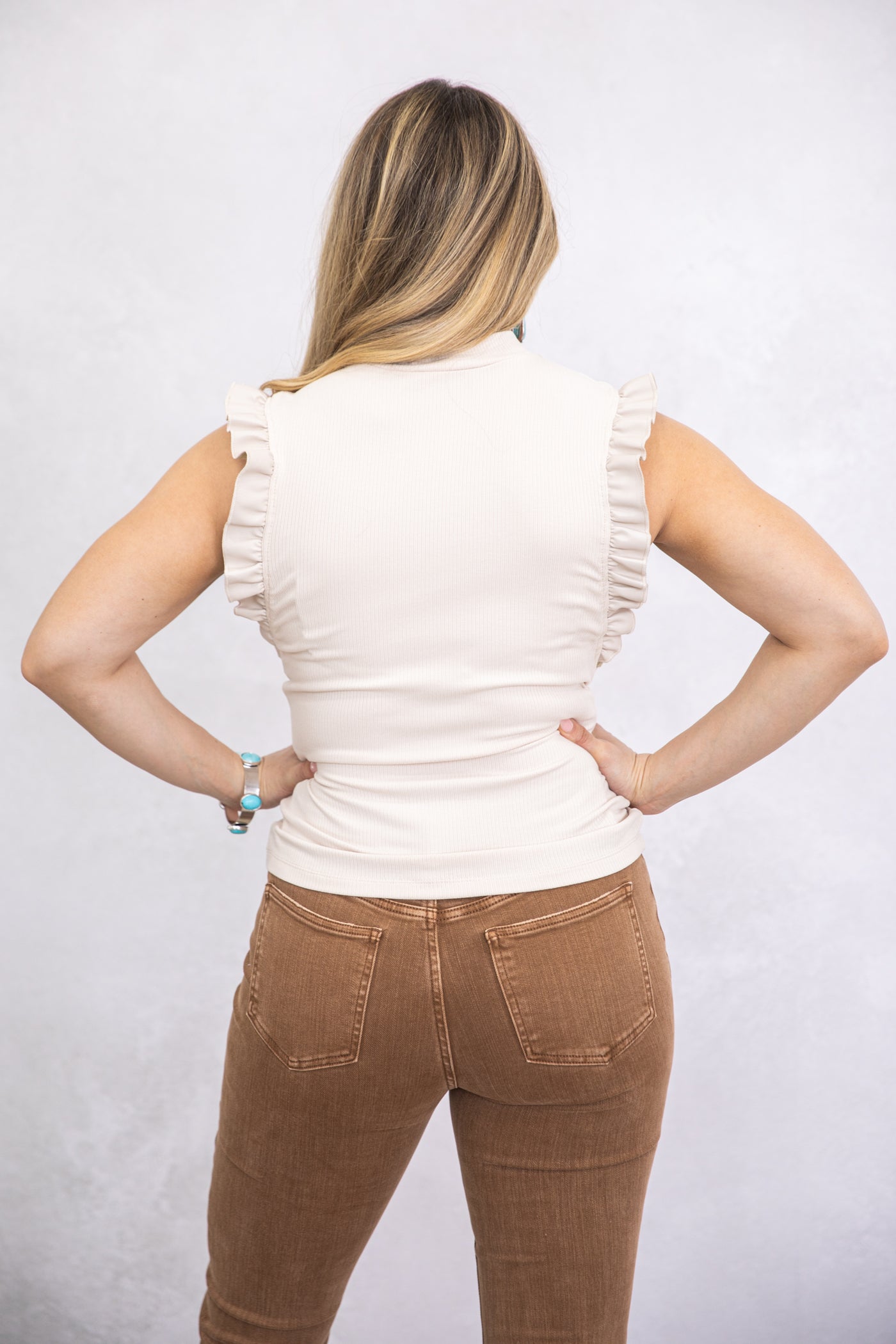 Beige Mock Neck Faux Leather Ruffle Tank