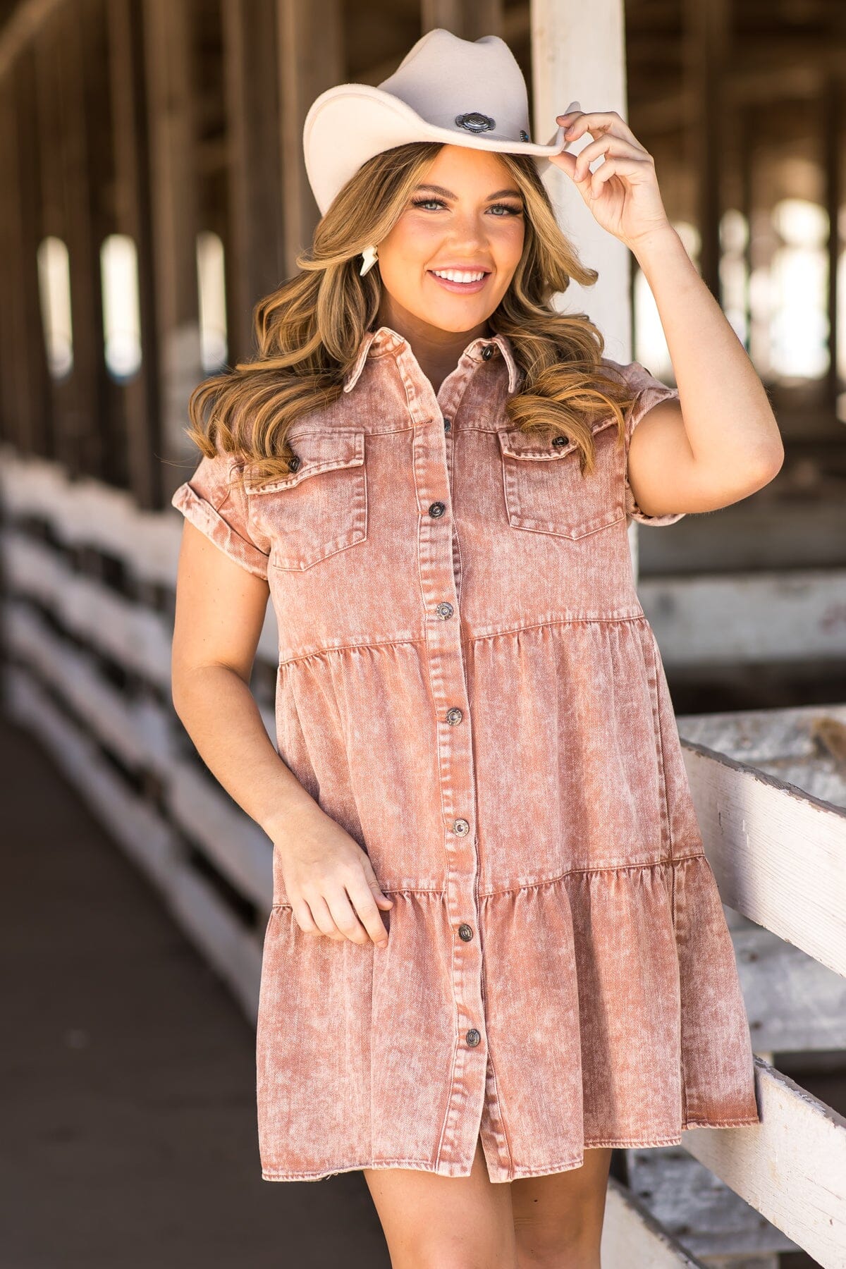 Terra Cotta Washed Denim Short Sleeve Dress - Filly Flair