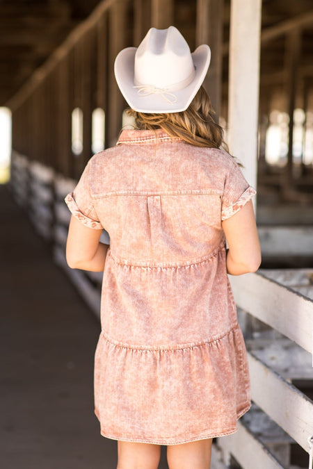 Terra Cotta Washed Denim Short Sleeve Dress - Filly Flair